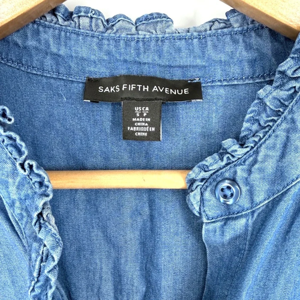 Saks Fifth Avenue Women S Dress Denim‎ Ruffle Belted Button Up Country Cowgirl